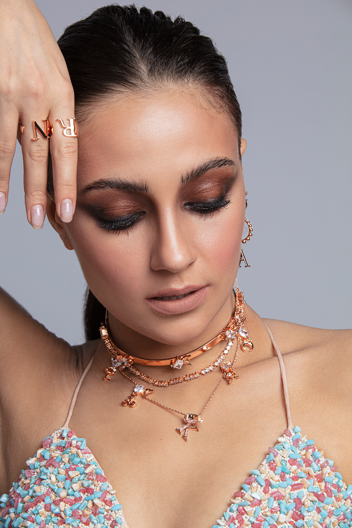 Hand Embroidered Nude Tasseled Triangular Bikini With Stones And Shells