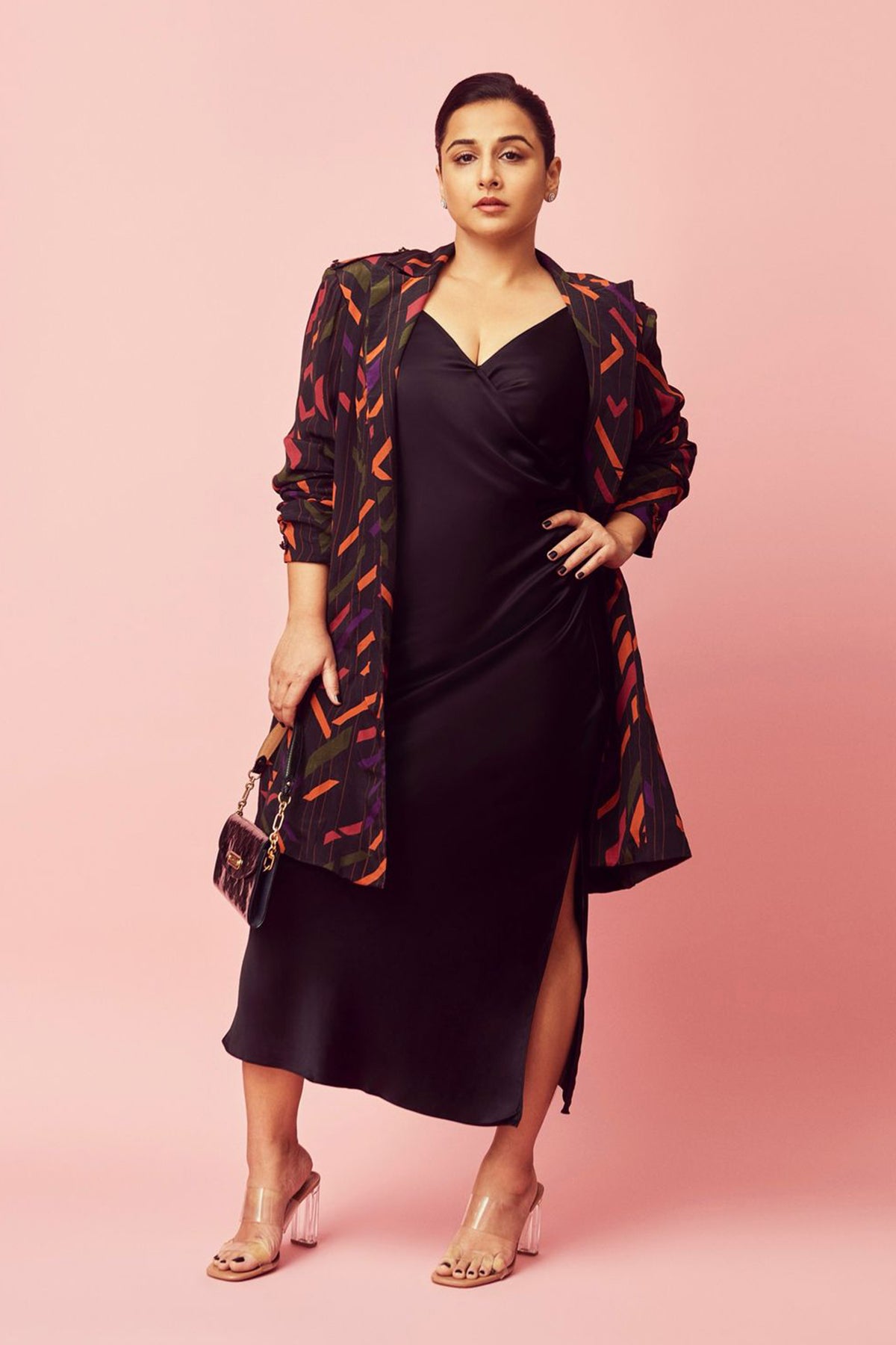 Vidya Balan in Printed Trench and Black Slip Dress