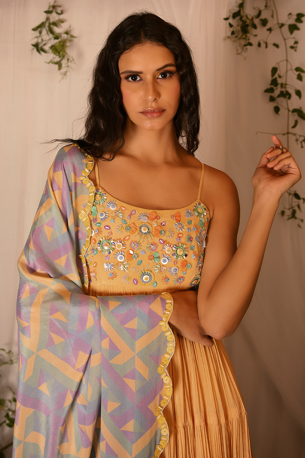 Tiered Anarkali with Embroidered Yoke with Printed and Embroidered Scallop Dupatta