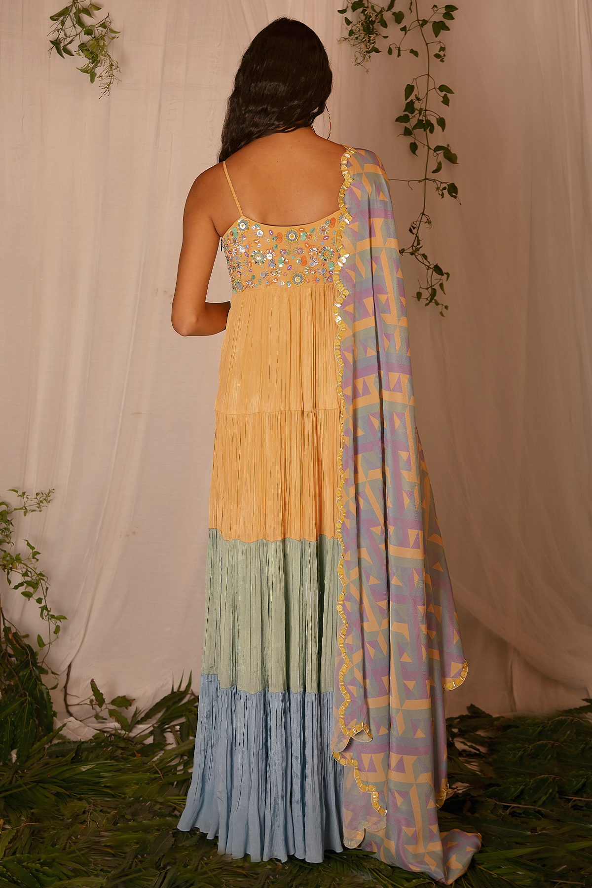 Tiered Anarkali with Embroidered Yoke with Printed and Embroidered Scallop Dupatta