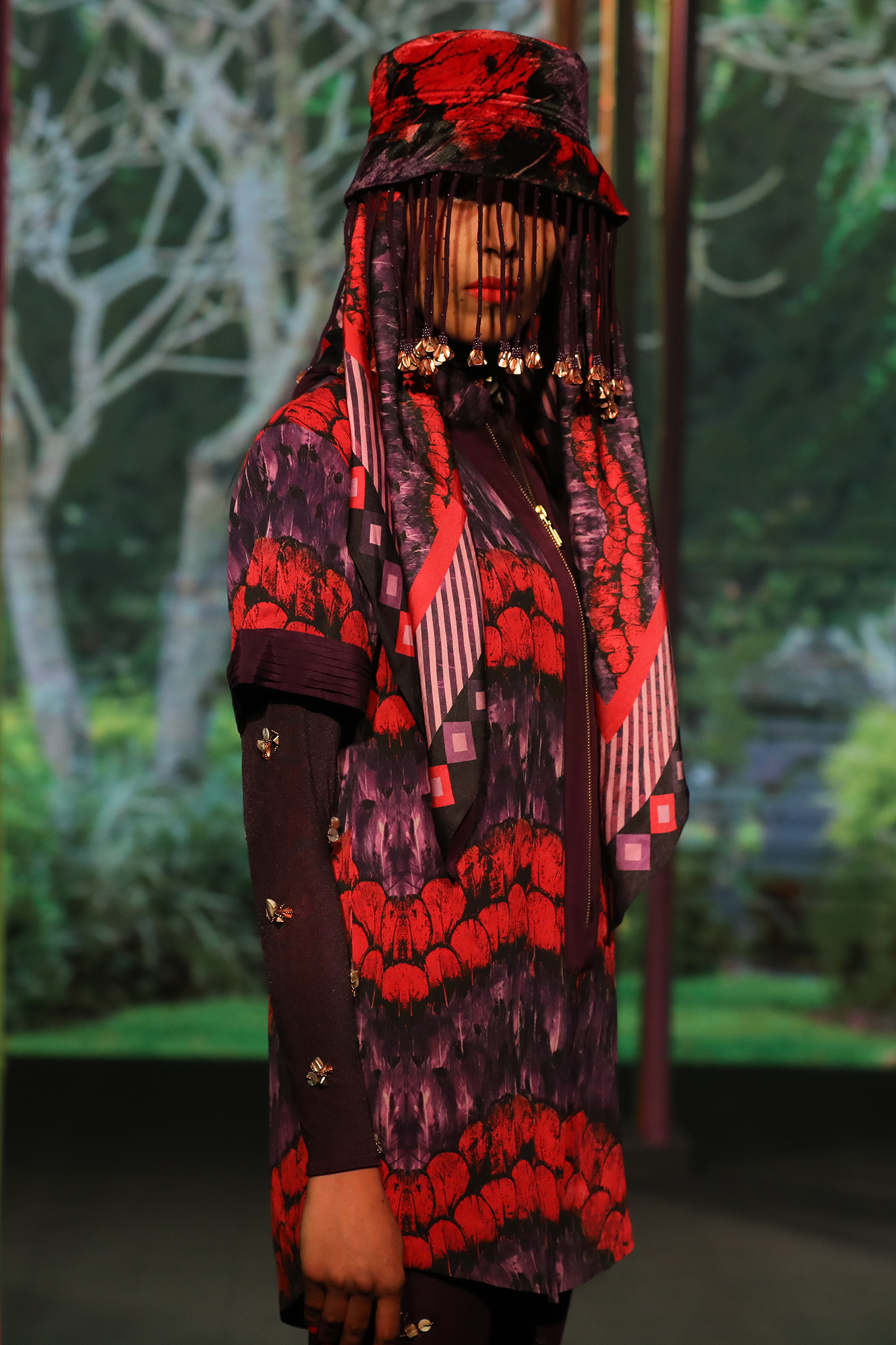 Velvet Printed Bucket Hat with Deep Violet Tassels