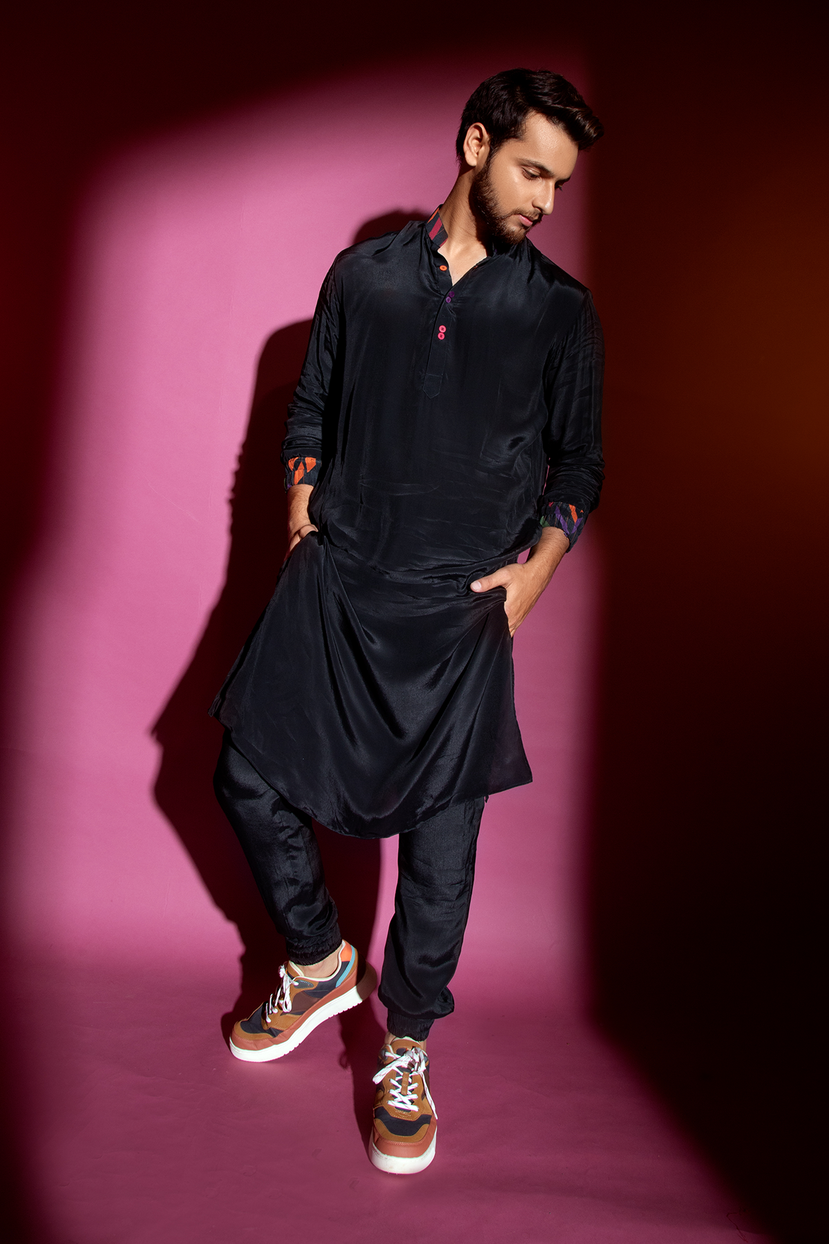 Black Kurta with Printed cuffs and jogger pants