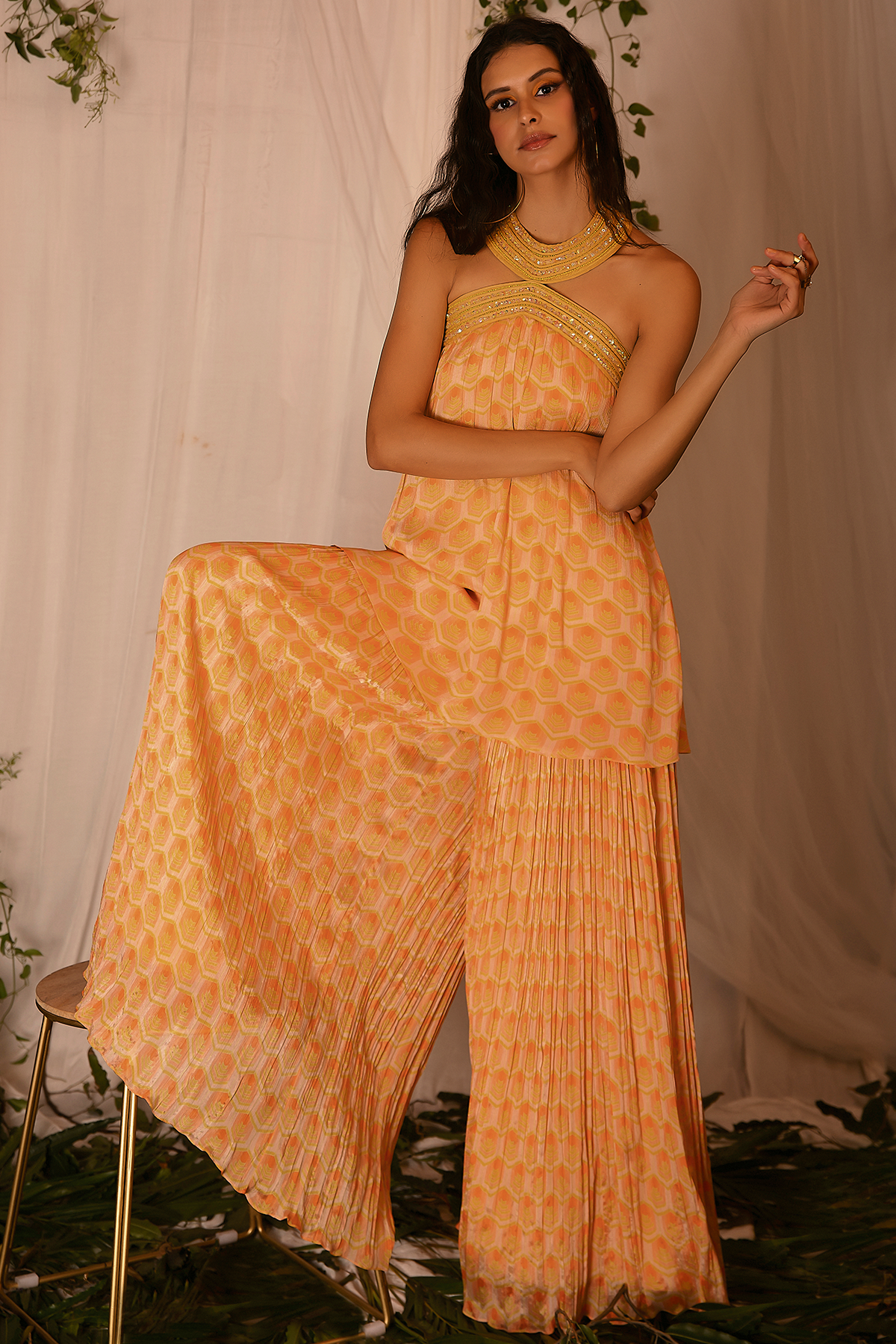 Hand-embroidered Printed Kurta, Printed Sharara with Double Layered Ruffled Dupatta