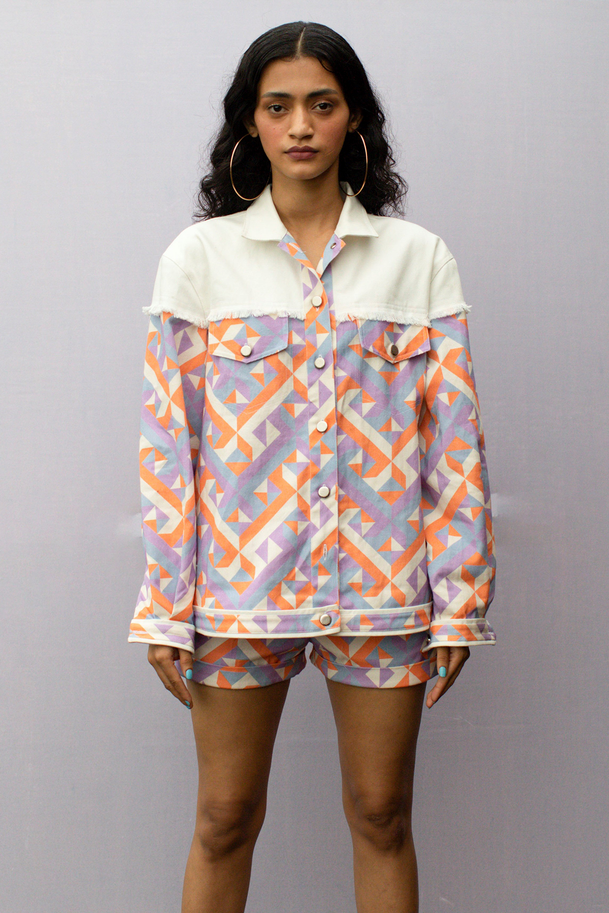 Geometric Print Denim Shorts