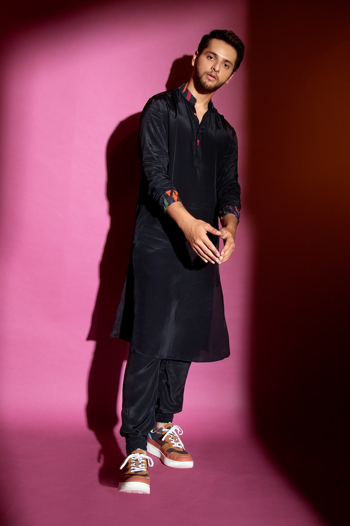 Black Kurta with Printed cuffs and jogger pants