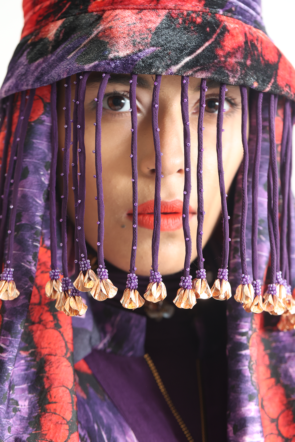 Velvet Printed Bucket Hat with Deep Violet Tassels