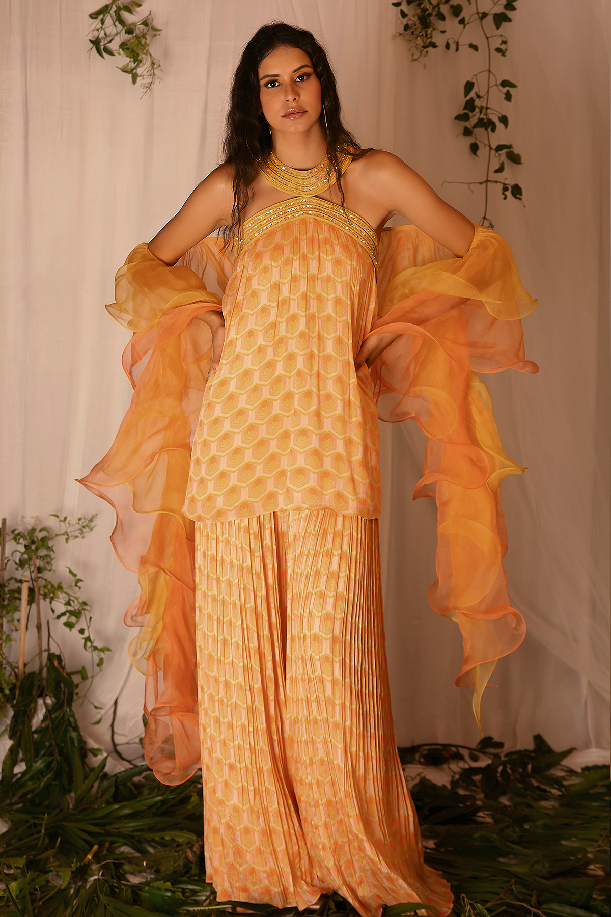 Hand-embroidered Printed Kurta, Printed Sharara with Double Layered Ruffled Dupatta