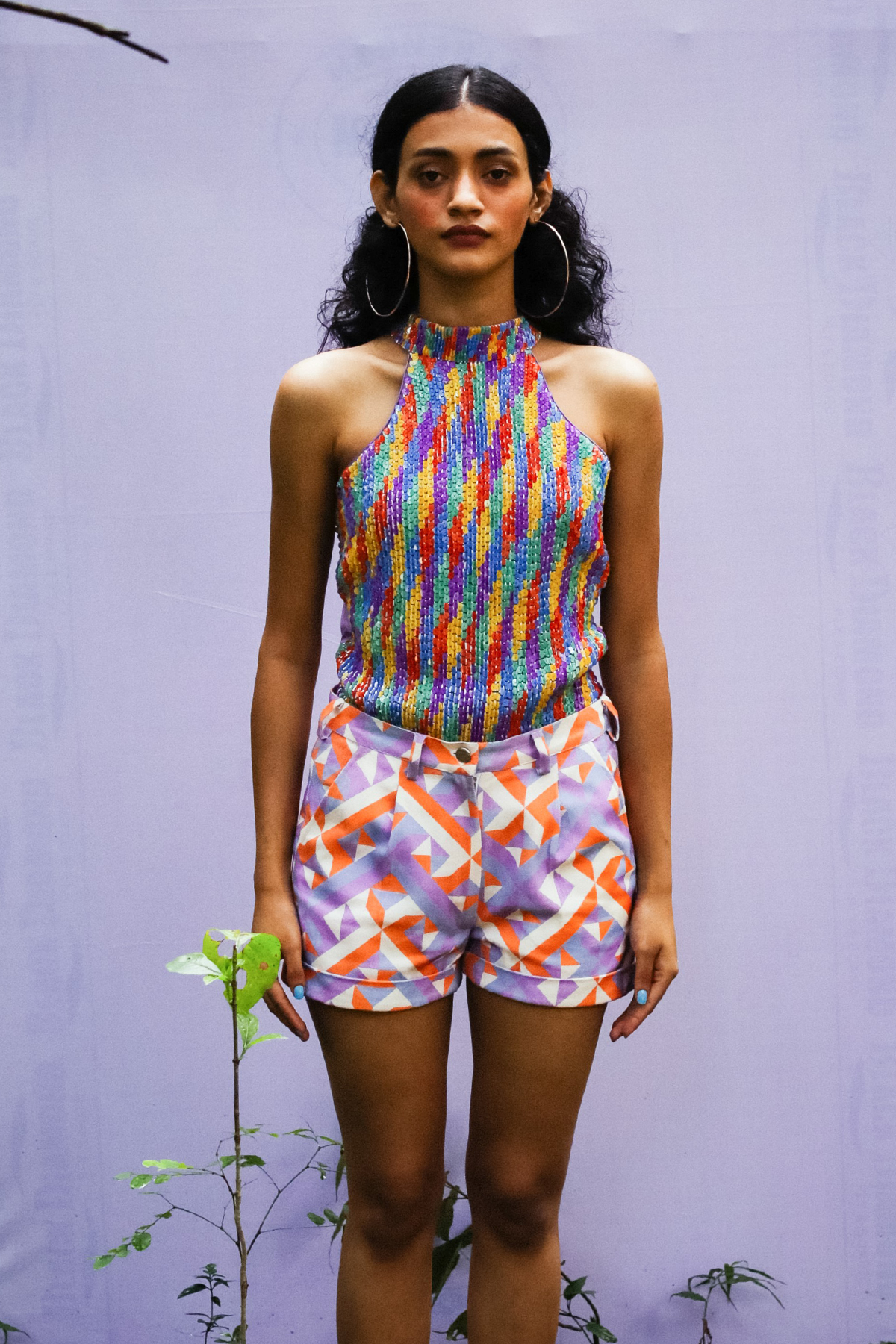 Geometric Print Denim Shorts