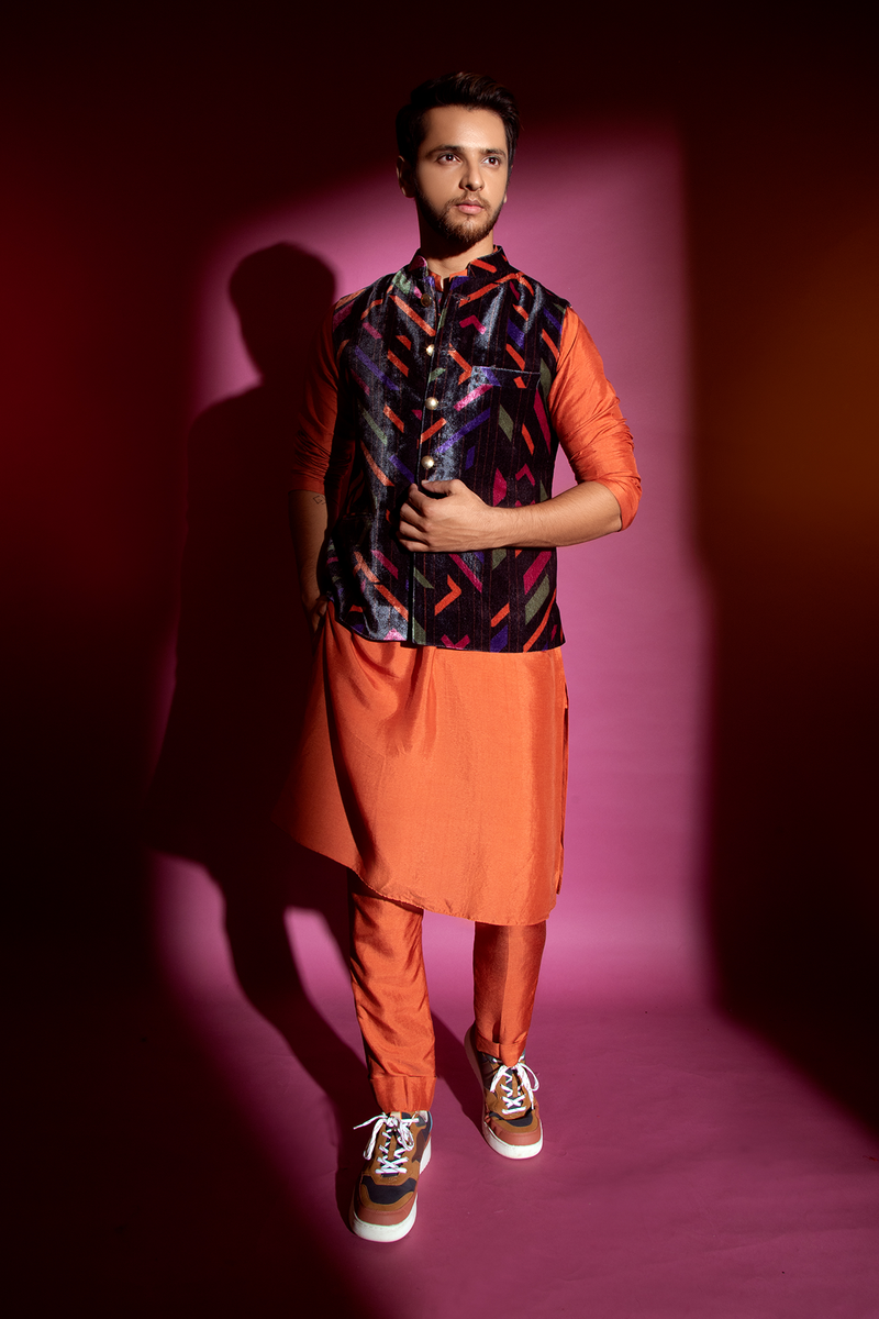 Orange Kurta and Pants with Multicolour Bandi