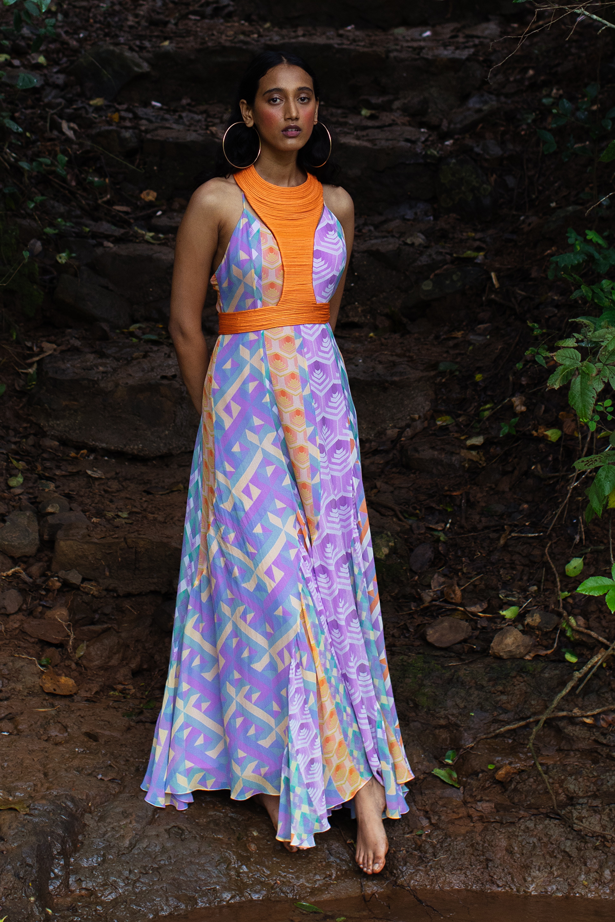 Flared Printed Panel Cami Dress