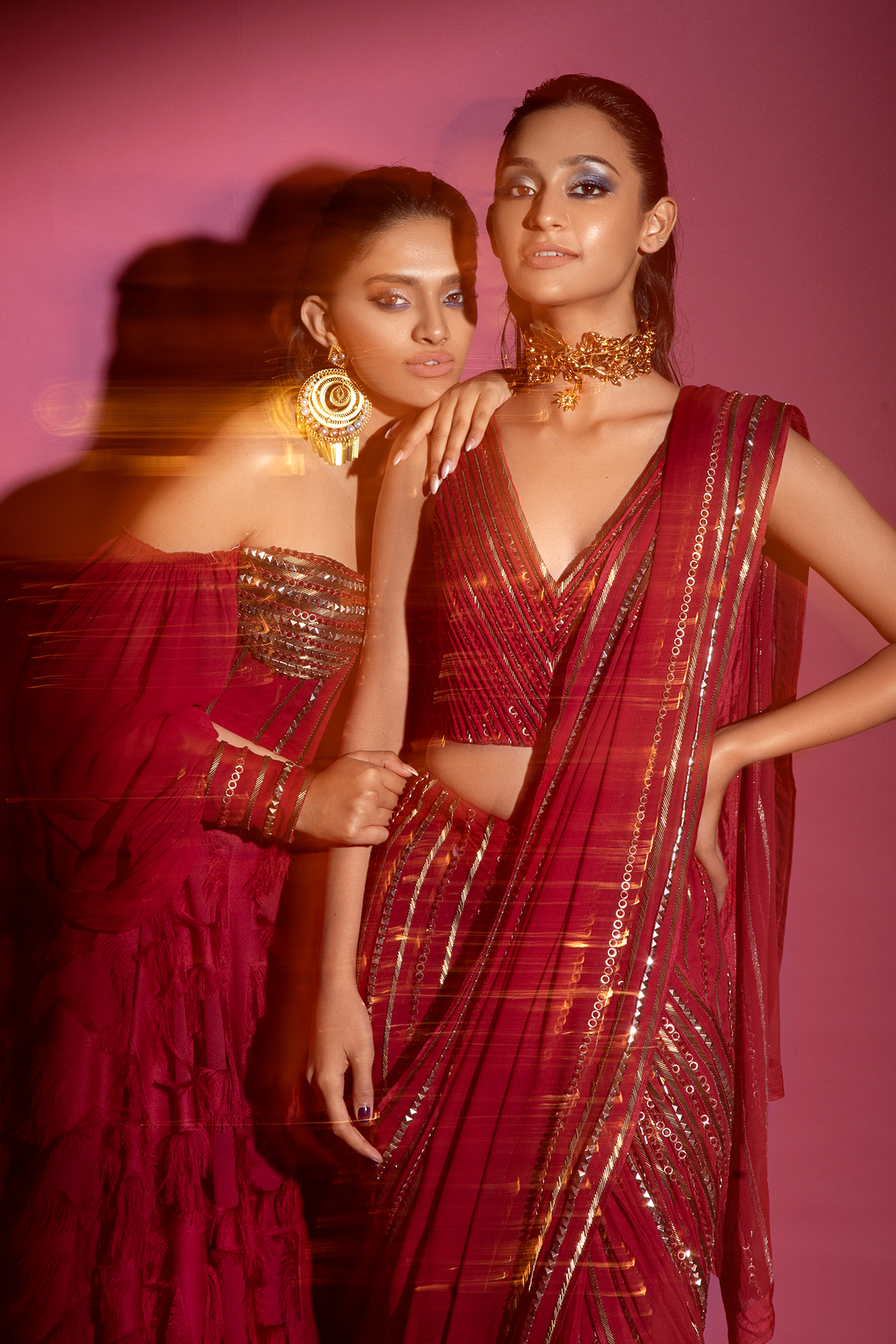 Red Draped Hand-Embroidered Sari with V-neck Blouse
