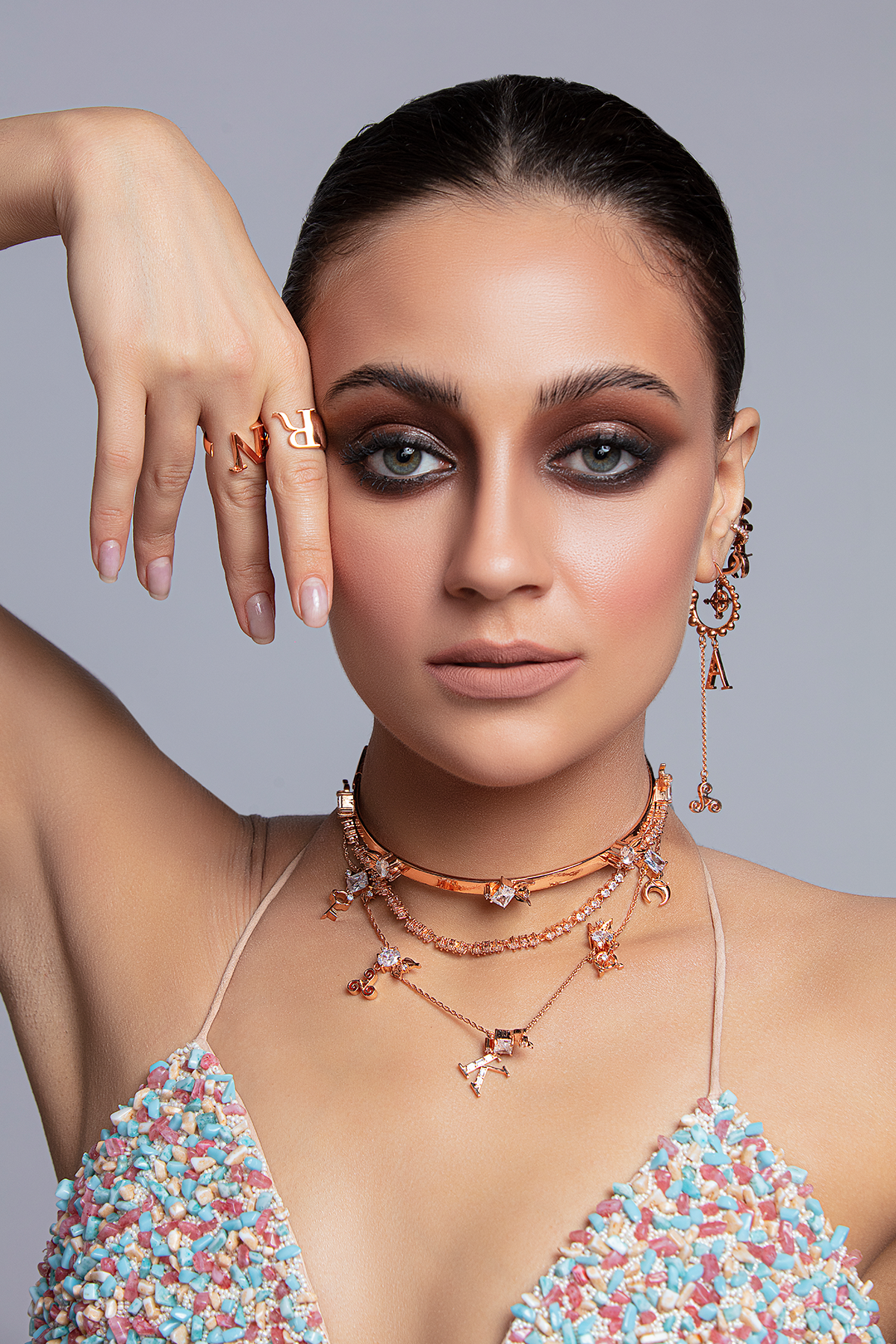 Hand Embroidered Nude Tasseled Triangular Bikini With Stones And Shells