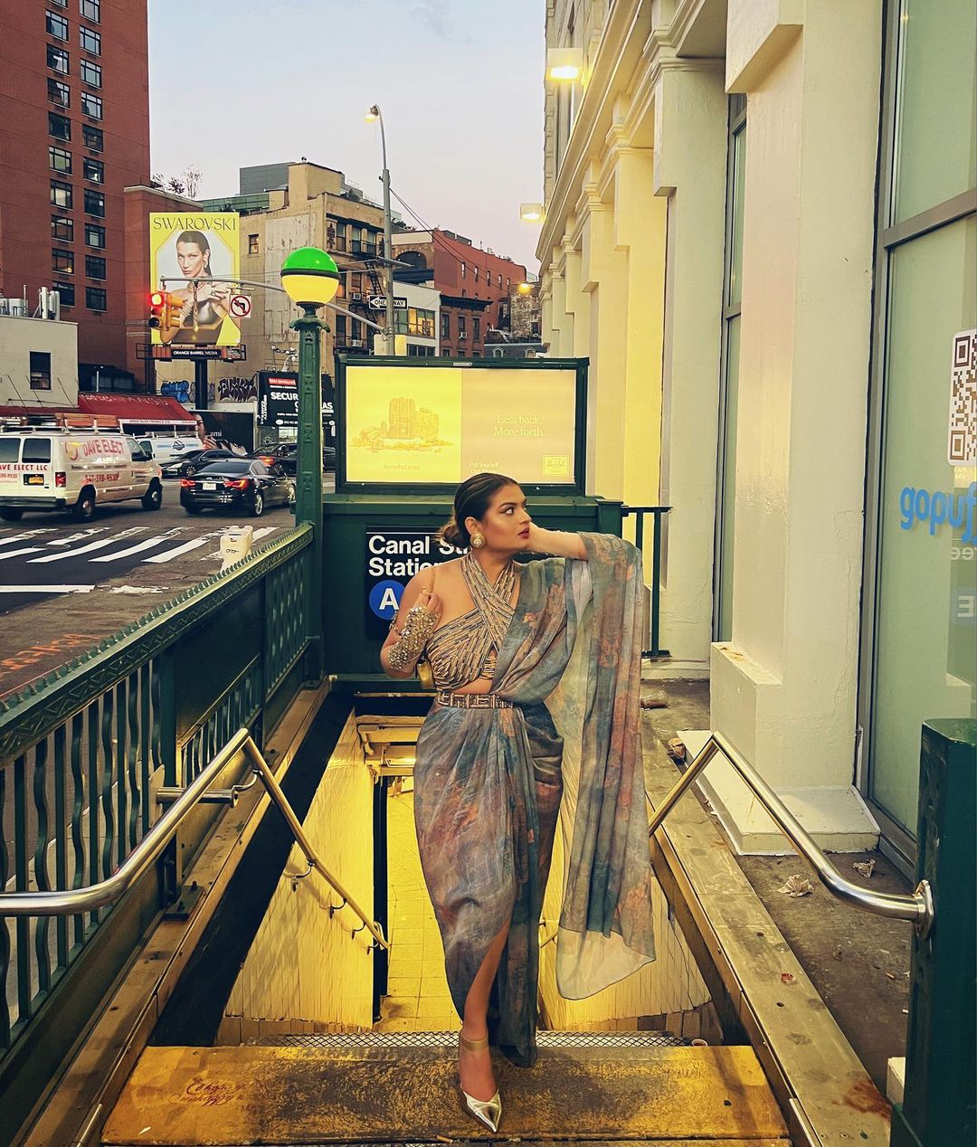 Rini Jain in Nirmooha's Halter Neck Hand-Embroidered Blouse with Cording detailing, Draped Chiffon Saree and Hand-Embroidered Belt from Ancienne Collection
