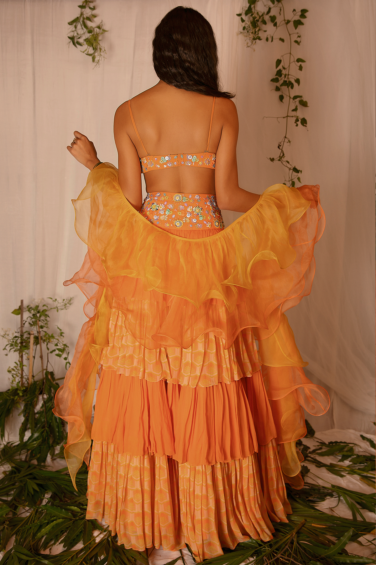 Hand-embroidered Blouse with Hand-embroidered Layered Lehenga and Double Layered Ruffle Dupatta