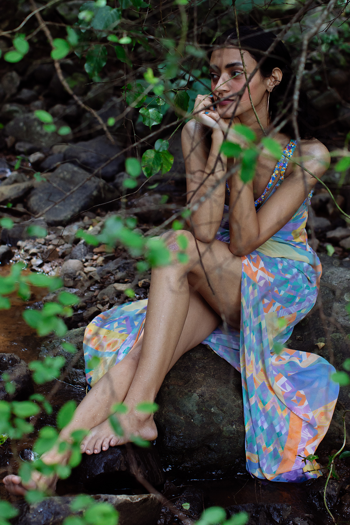 Multi-Geo Printed Drape Maxi with Embroidered Sequin Straps