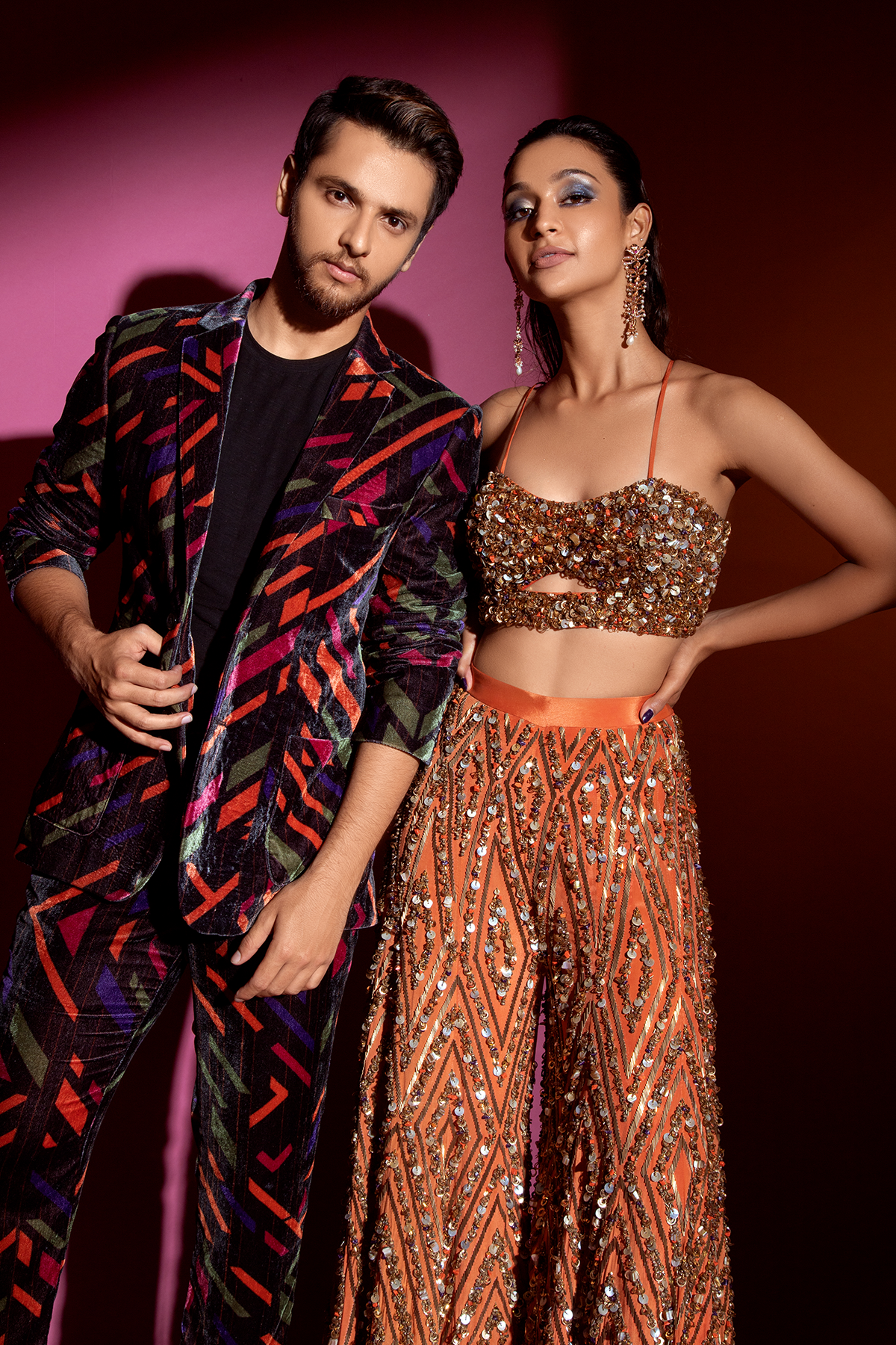 Hand-embroidered Burnt Orange Bustier and Sharara