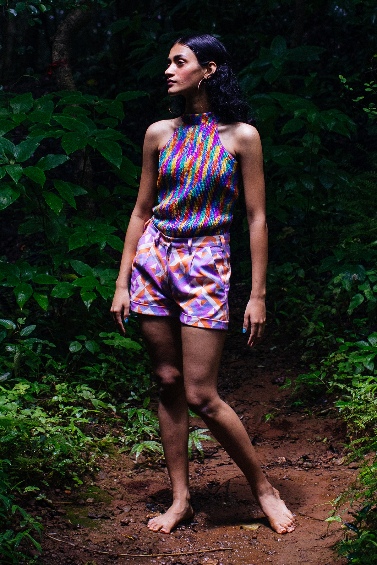 Geometric Print Denim Shorts