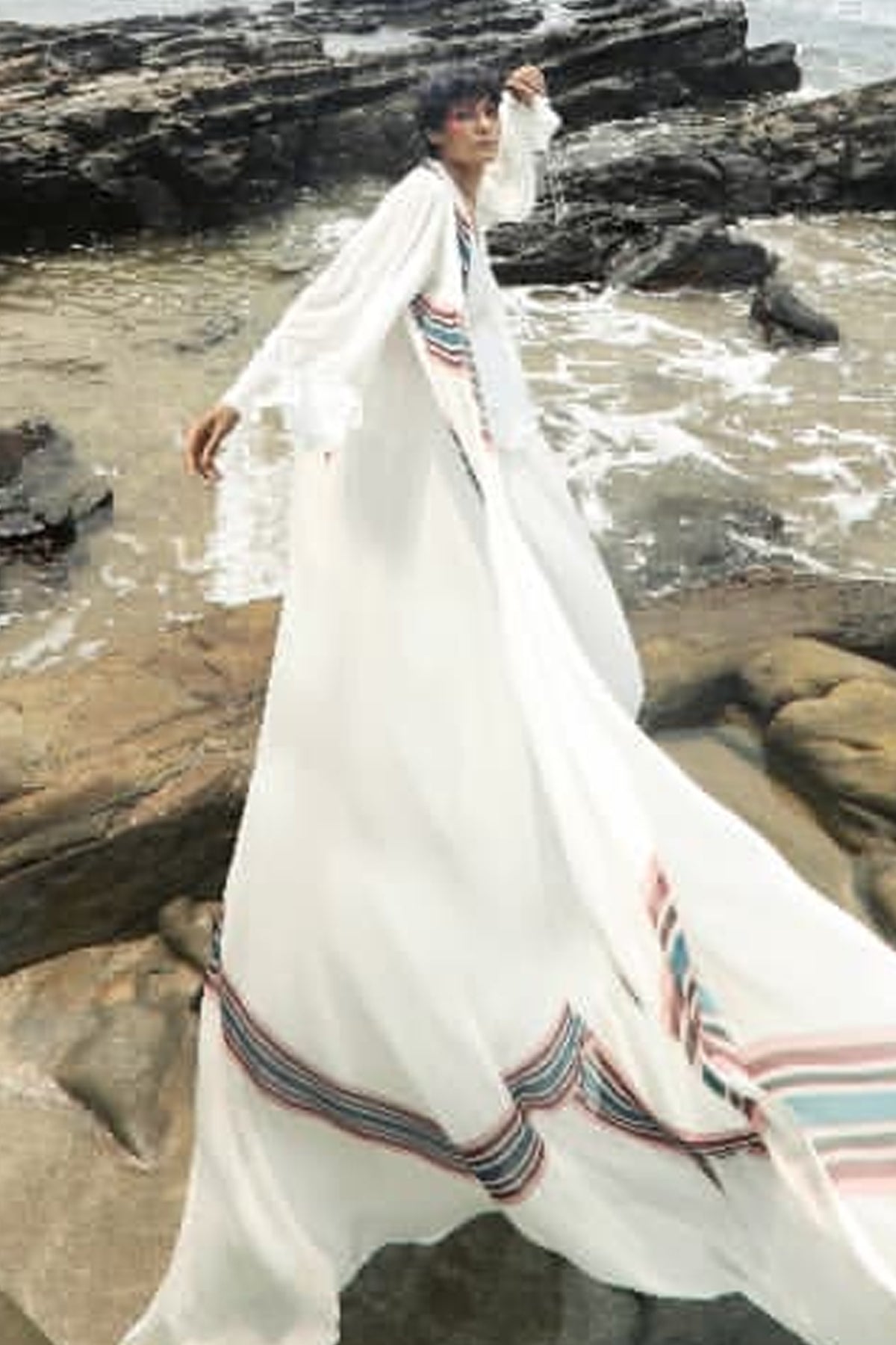 Elle in Off-white Georgette Translucent Maxi with Frills and Printed White Cape