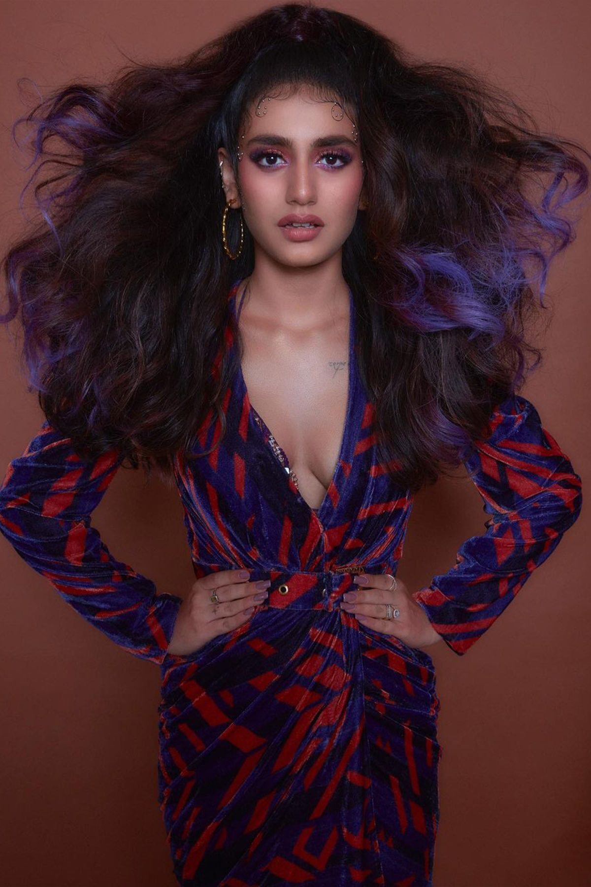 Priya Prakash Varrier in Purple Long-sleeved Dress and Deep Violet Hand-embroidered Bralet