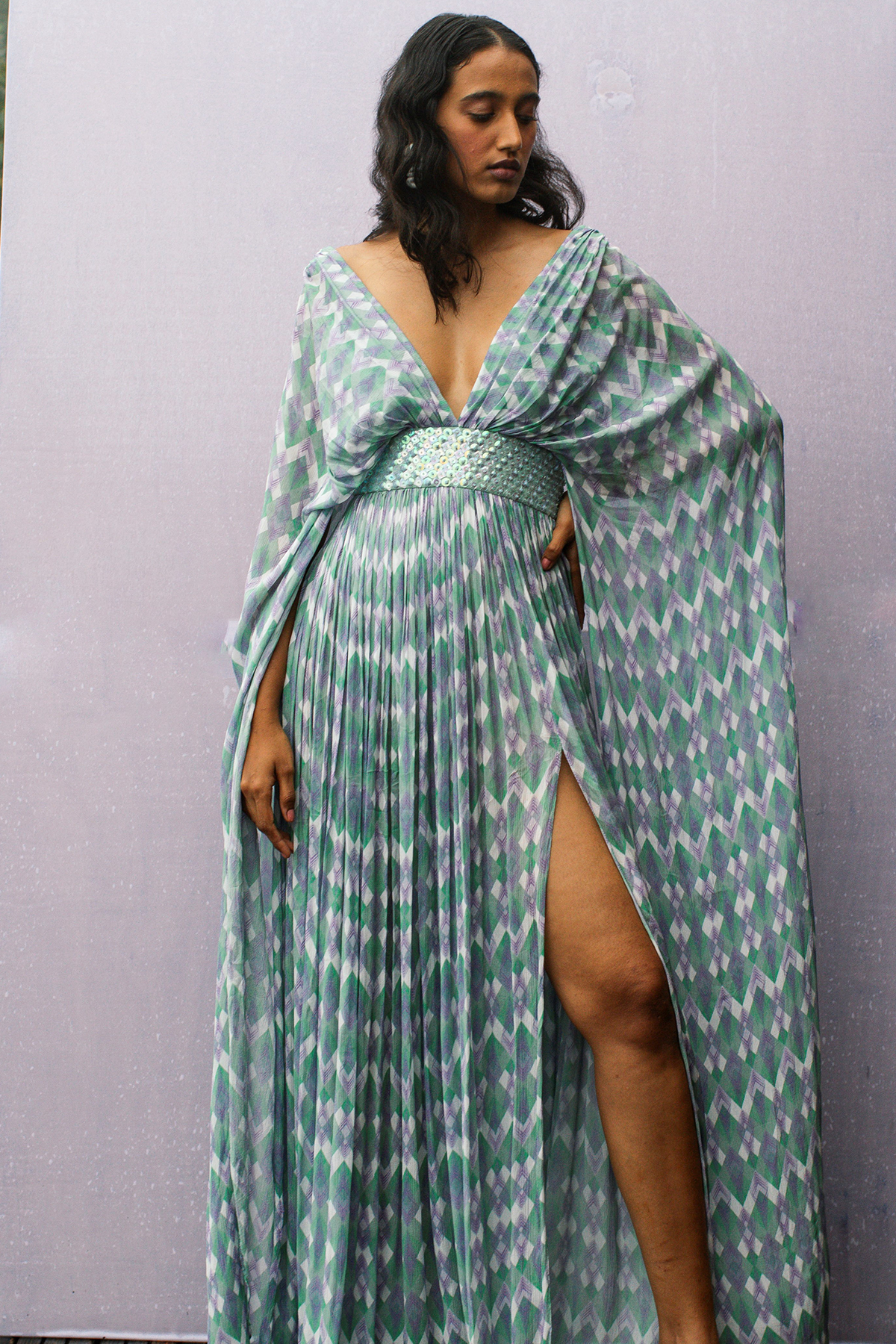 Kaftan Style Maxi with attached Holographic Embroidered Belt