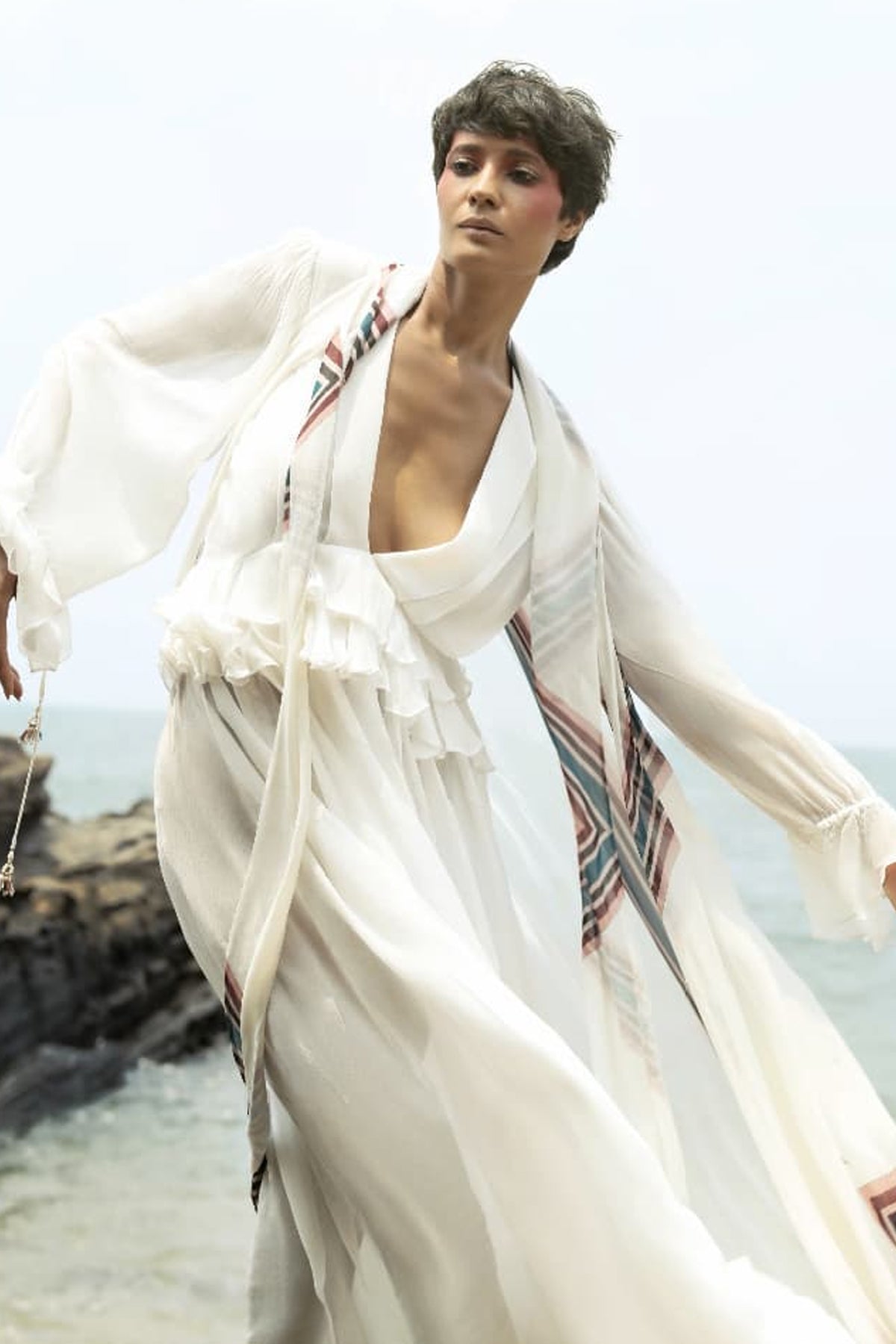 Elle in Off-white Georgette Translucent Maxi with Frills and Printed White Cape