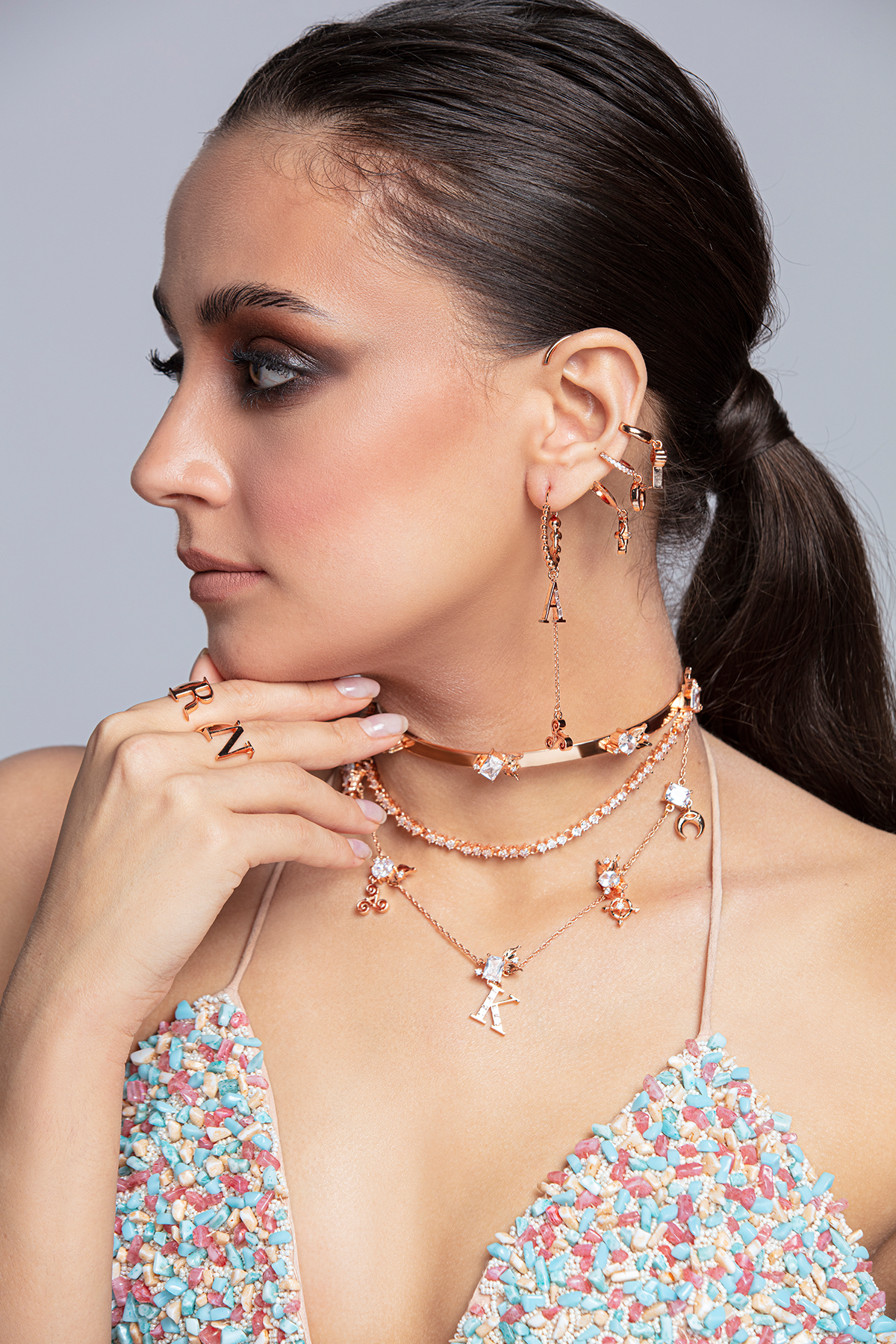 Hand Embroidered Nude Tasseled Triangular Bikini With Stones And Shells