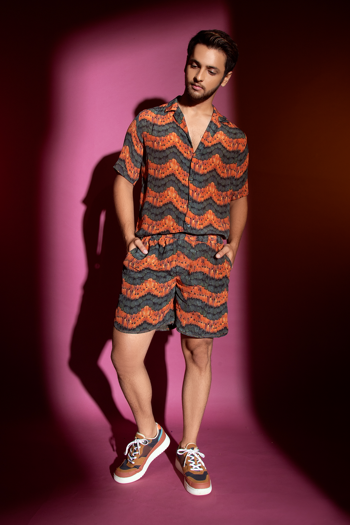 Olive Green & Burnt Orange Printed Shirt and Shorts Set