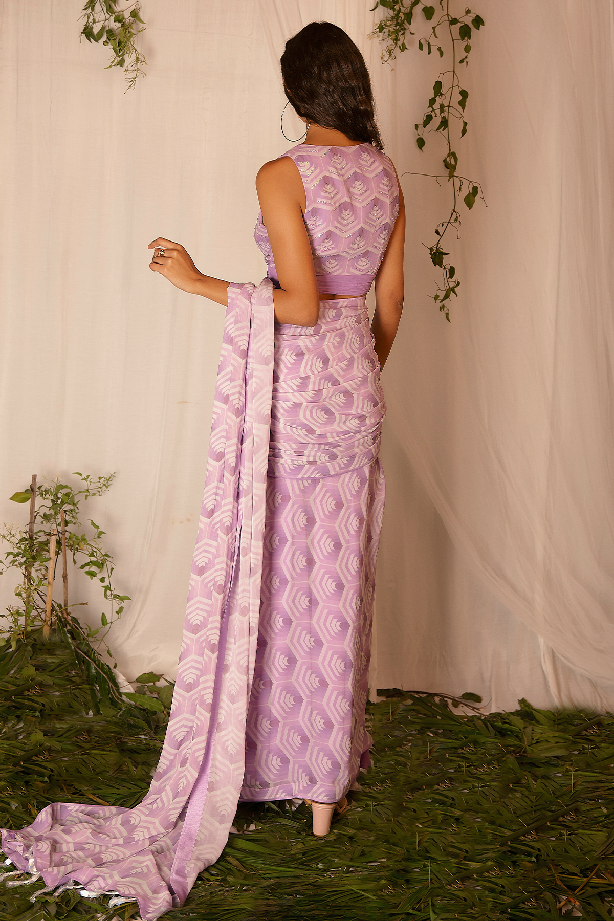 Hand-embroidered Printed Blouse with Draped Saree
