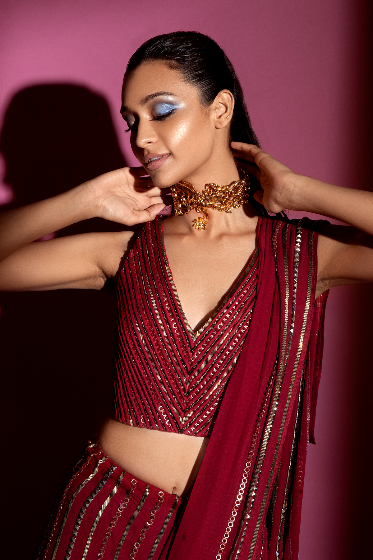 Red Draped Hand-Embroidered Sari with V-neck Blouse