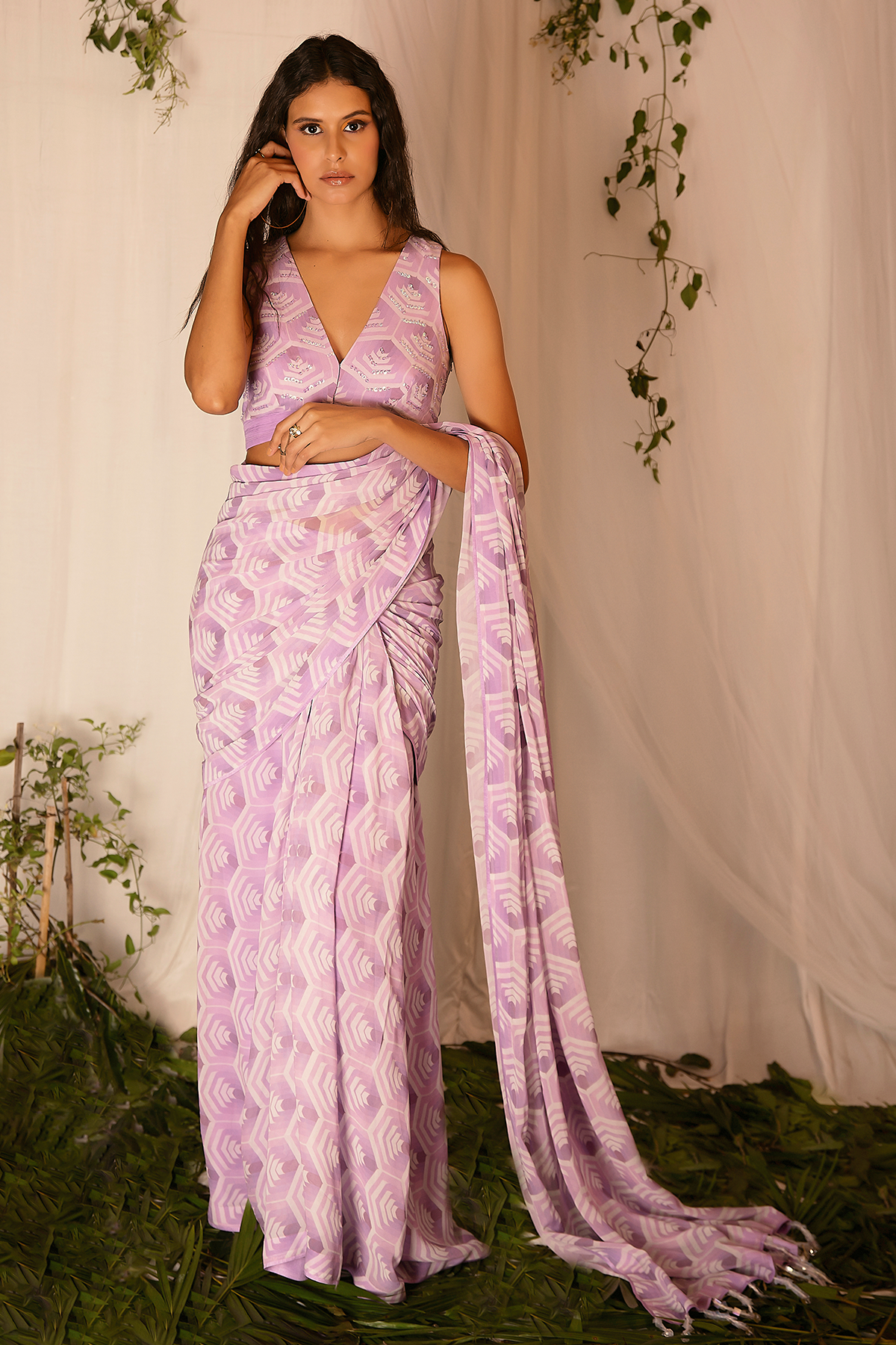 Hand-embroidered Printed Blouse with Draped Saree