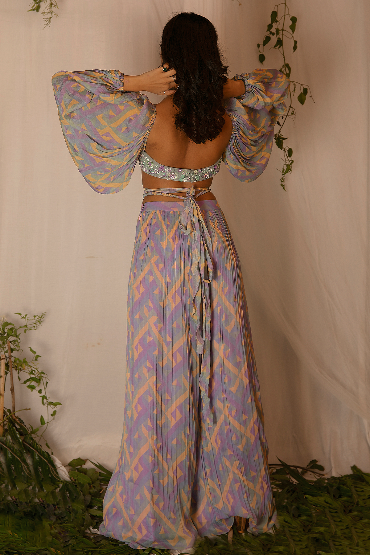 Hand-embroidered and Printed Blouse with Printed Pants