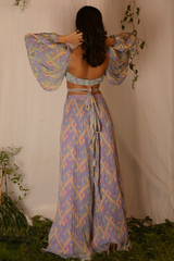 Hand-embroidered and Printed Blouse with Printed Pants