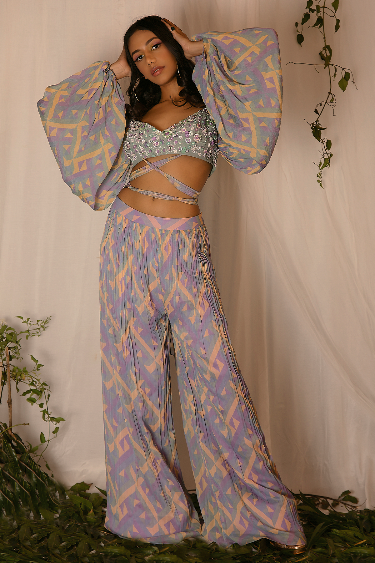 Hand-embroidered and Printed Blouse with Printed Pants