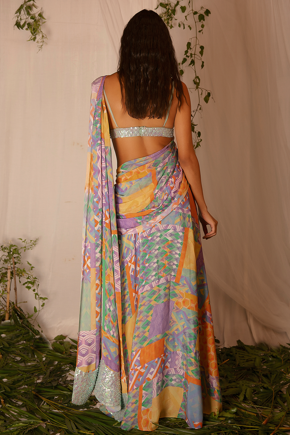 Holographic Hand-embroidered Blouse with Printed Draped Saree