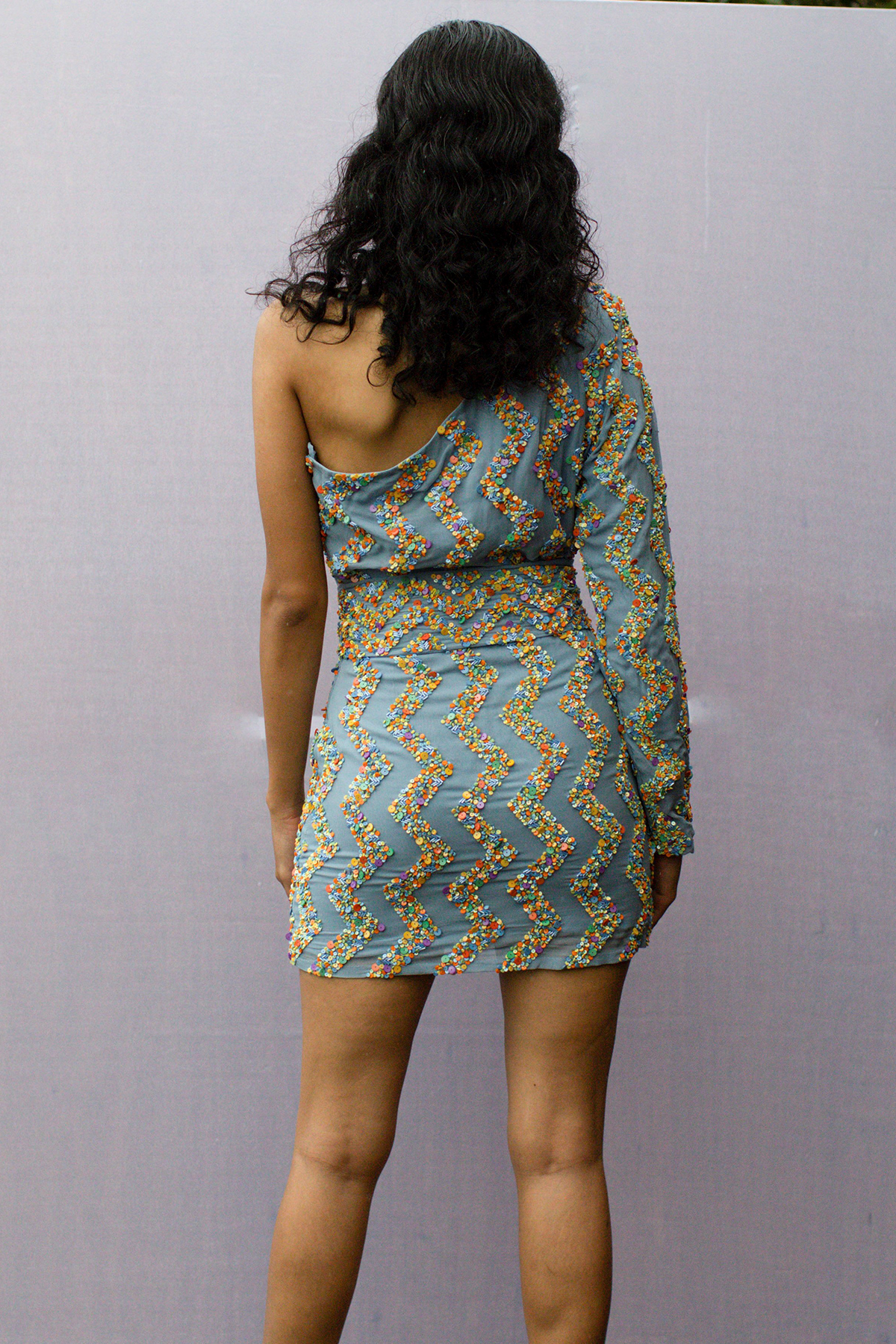 One Shoulder Embroidered Mini With Belt