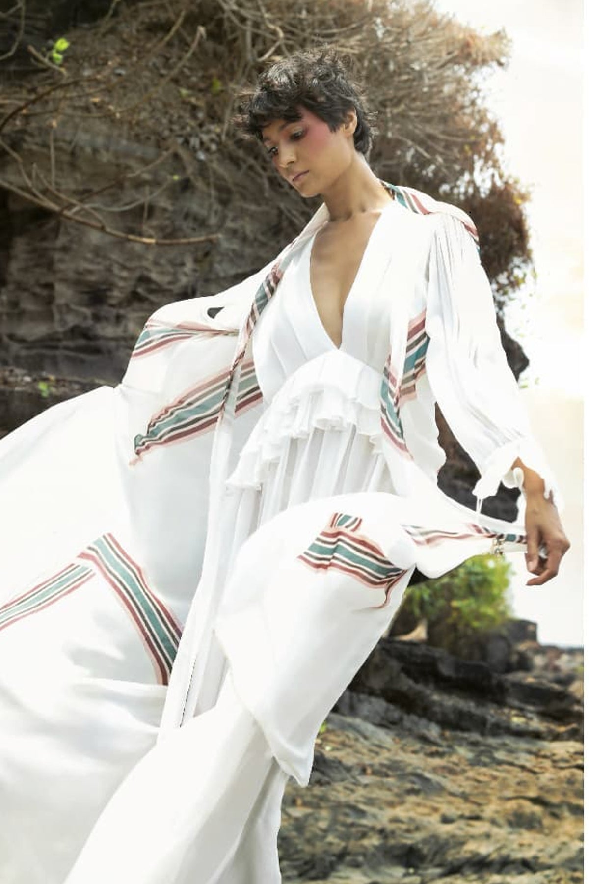 Elle in Off-white Georgette Translucent Maxi with Frills and Printed White Cape