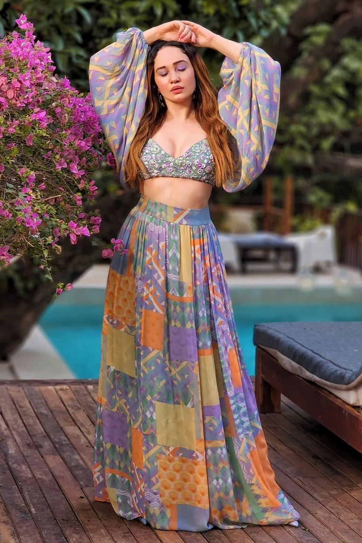 Stephanie Timmings in Multi-Geo Gathered Maxi-Skirt and Balloon Sleeve Top with Waist Tie-Up