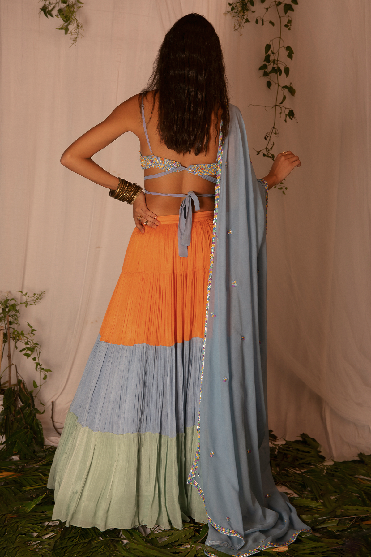 Tie-up Hand-embroidered Blouse with Lehenga and Hand-embroidered Dupatta