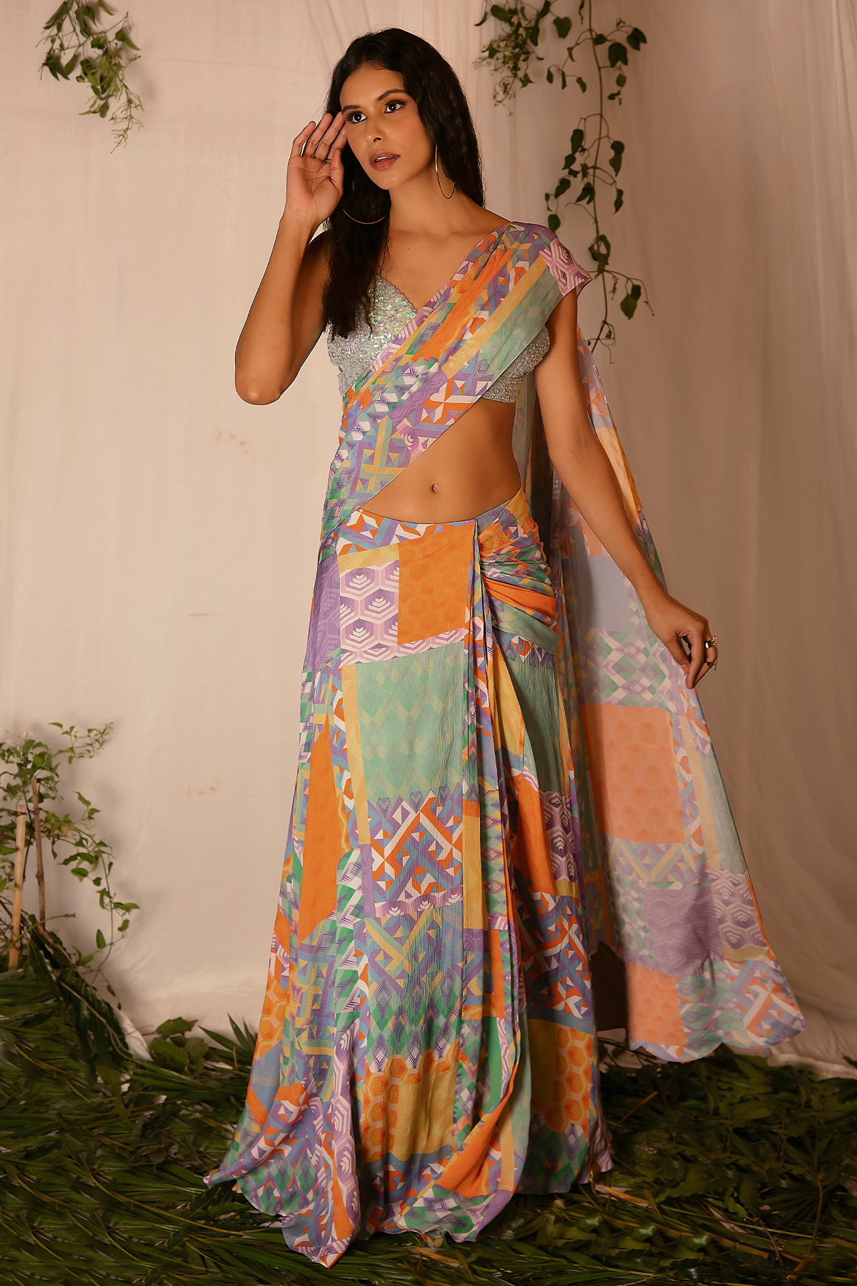 Holographic Hand-embroidered Blouse with Printed Draped Saree