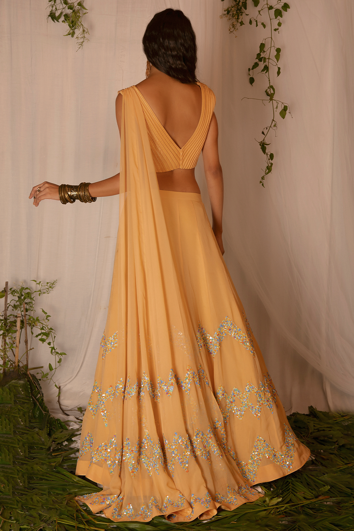 Corded Blouse with attached Dupatta and Hand-embroidered Lehenga