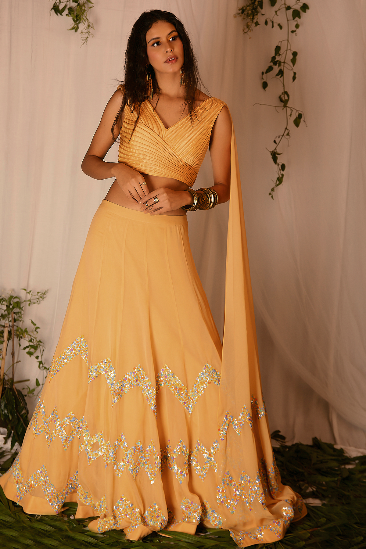 Corded Blouse with attached Dupatta and Hand-embroidered Lehenga