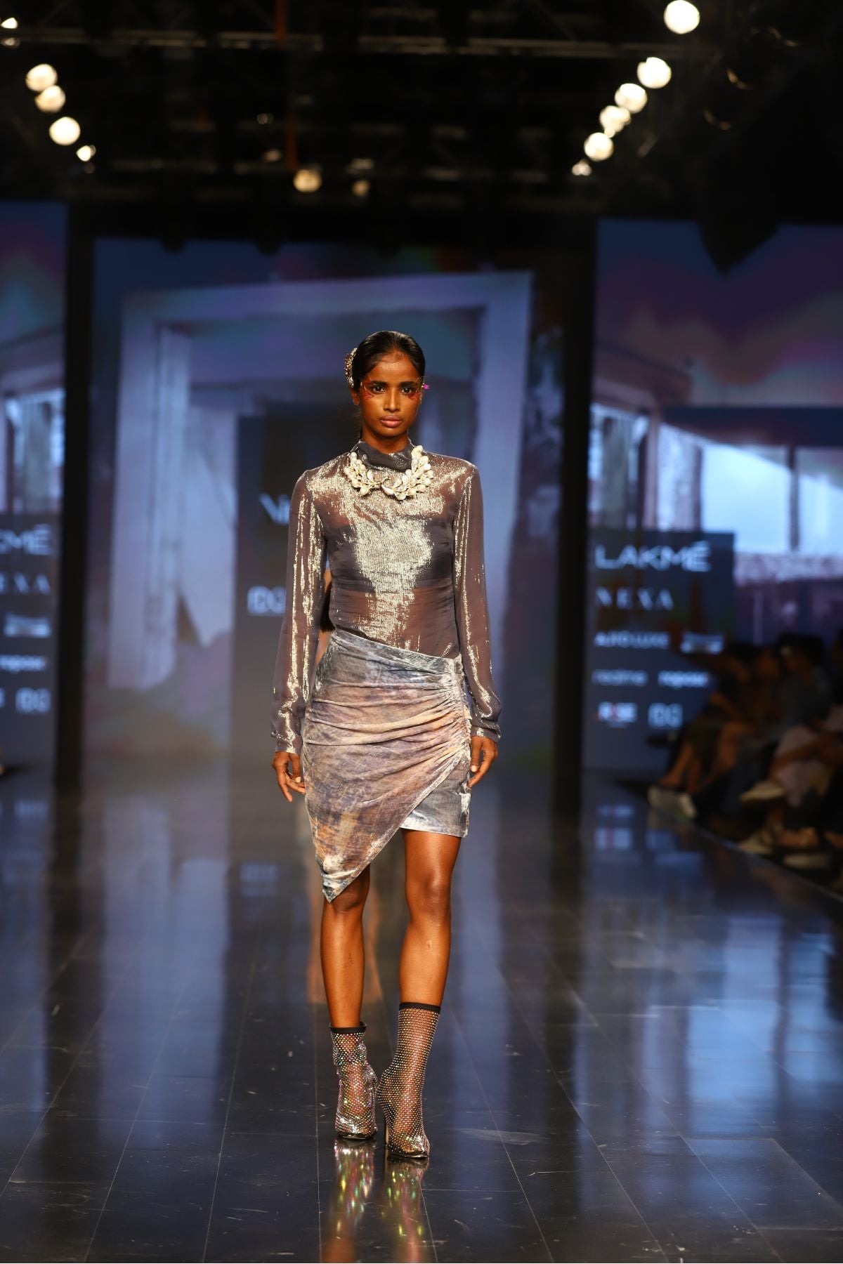 Grey Printed Velvet Draped Skirt