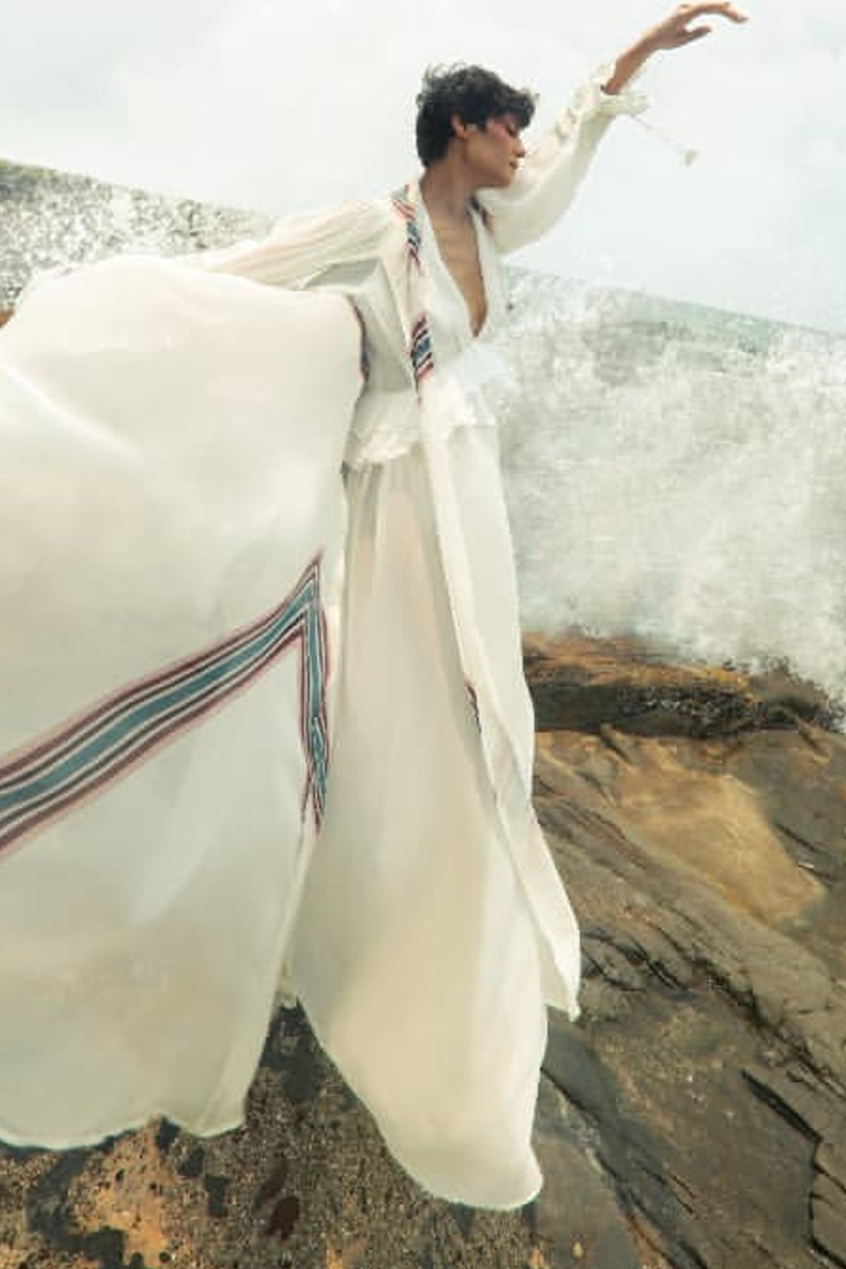 Elle in Off-white Georgette Translucent Maxi with Frills and Printed White Cape