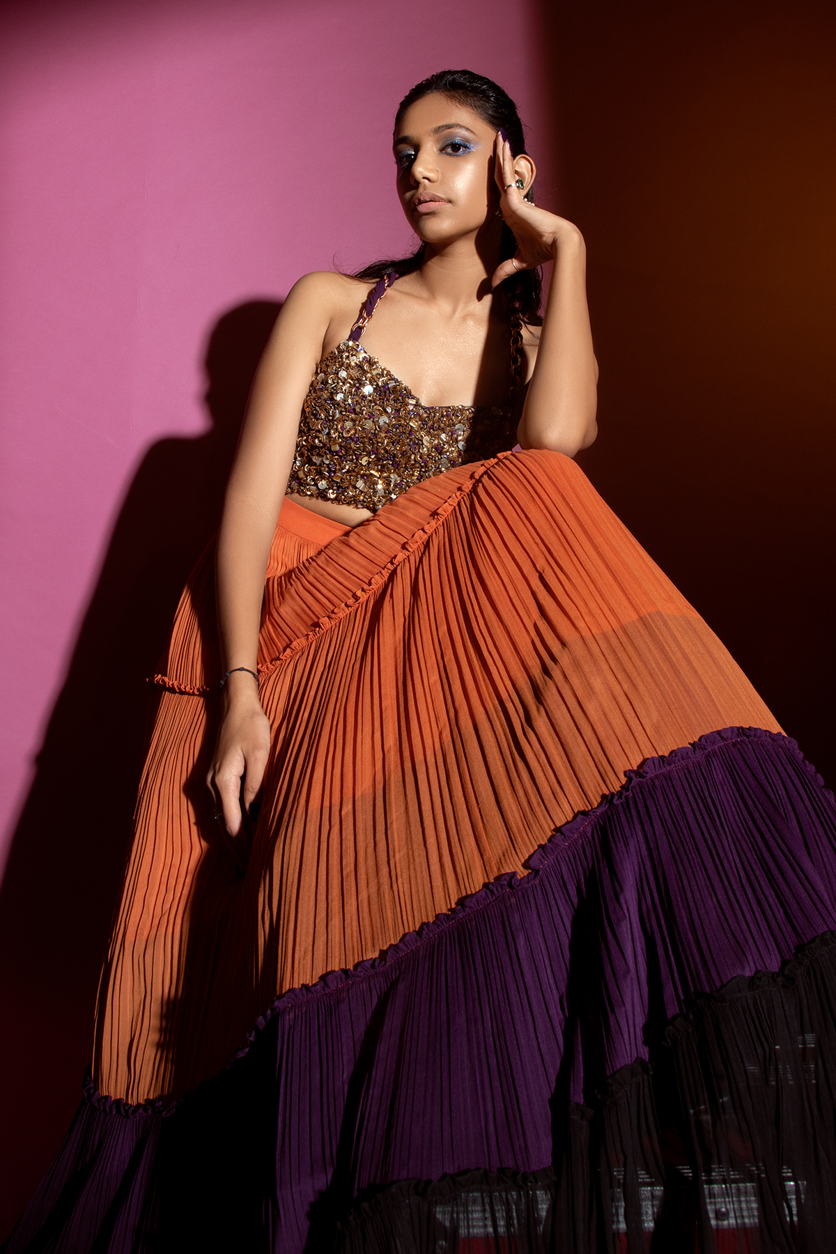Colour Block Lehenga with Embroidered Blouse and Dupatta