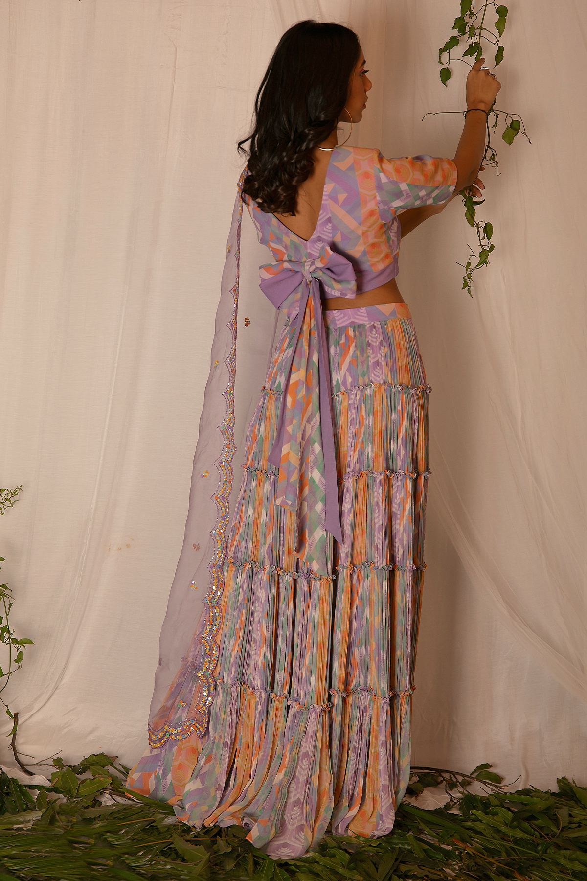 Printed Blouse, Tiered Skirt and Hand-embroidered Dupatta
