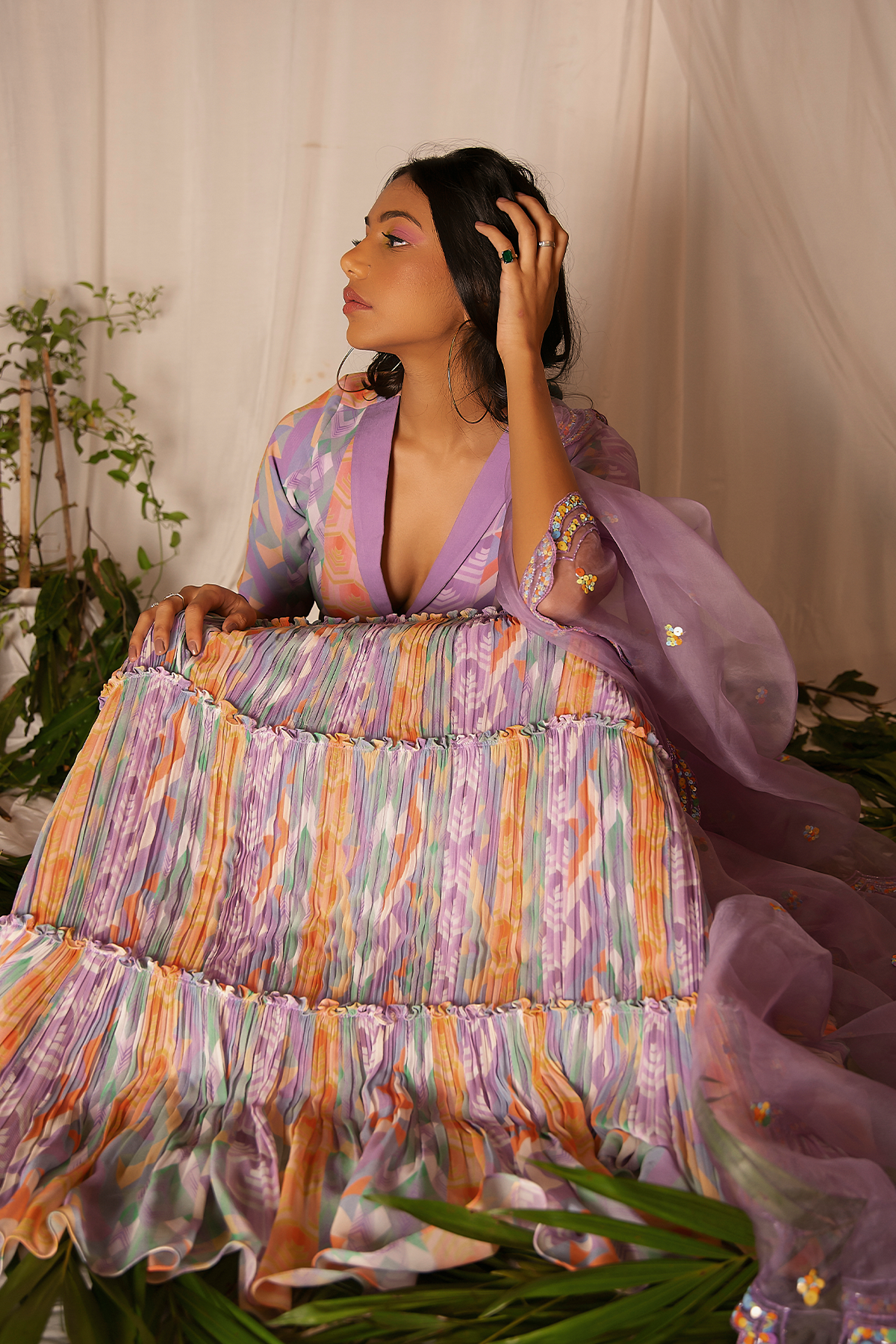 Printed Blouse, Tiered Skirt and Hand-embroidered Dupatta