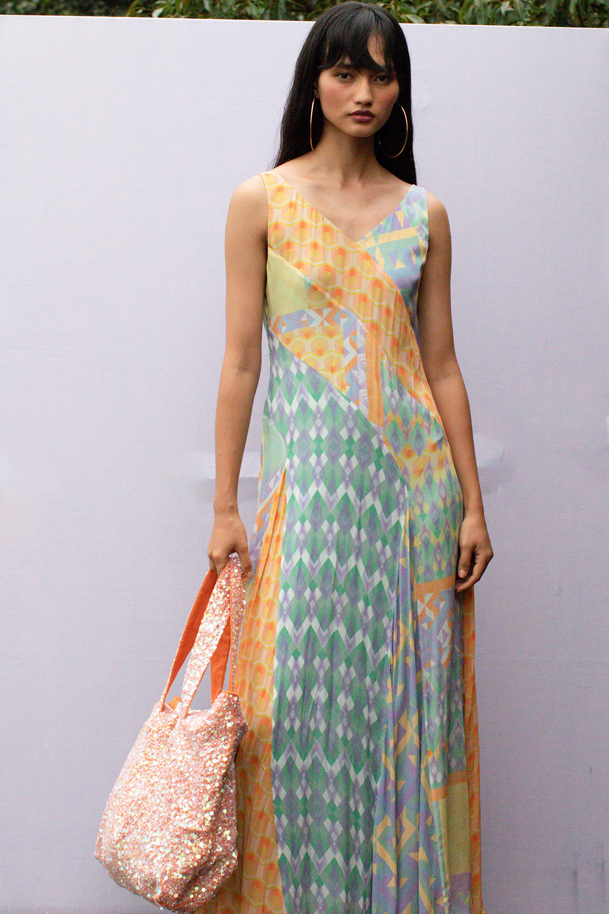Printed Panel Godet Flared Dress