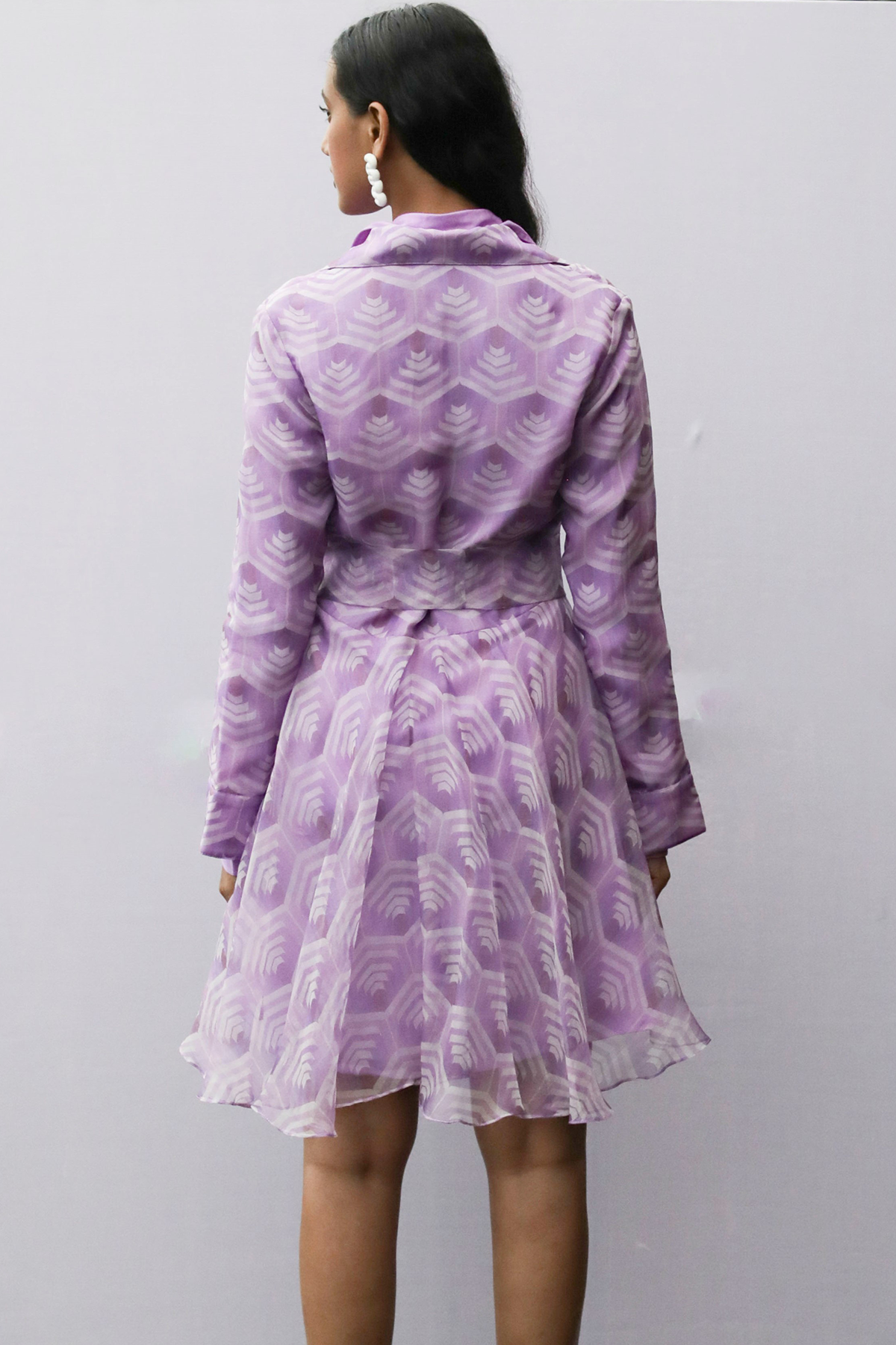 Lavender Geometric Organza Flared Shirt Dress