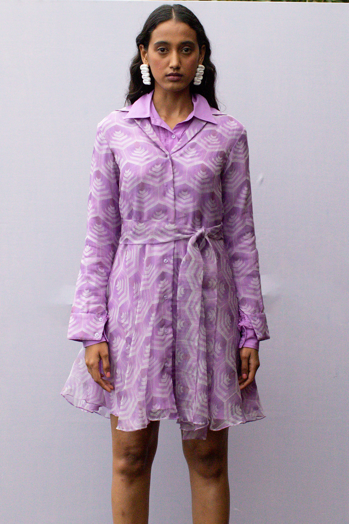 Lavender Geometric Organza Flared Shirt Dress