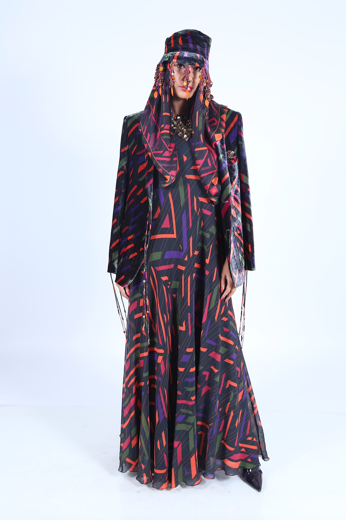 Multi-coloured Printed Velvet Bucket Hat with Multicolour Tassels